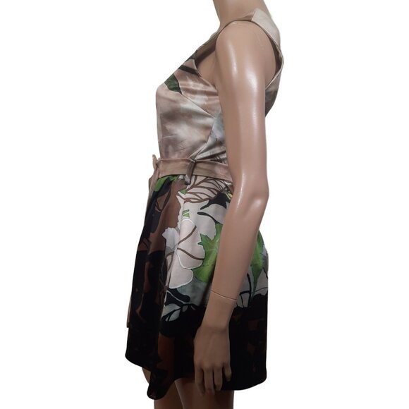 Y2K Butterfly Belted Dress Womens S Mini Sleeveless Fit flare Beige Green - Picture 5 of 11